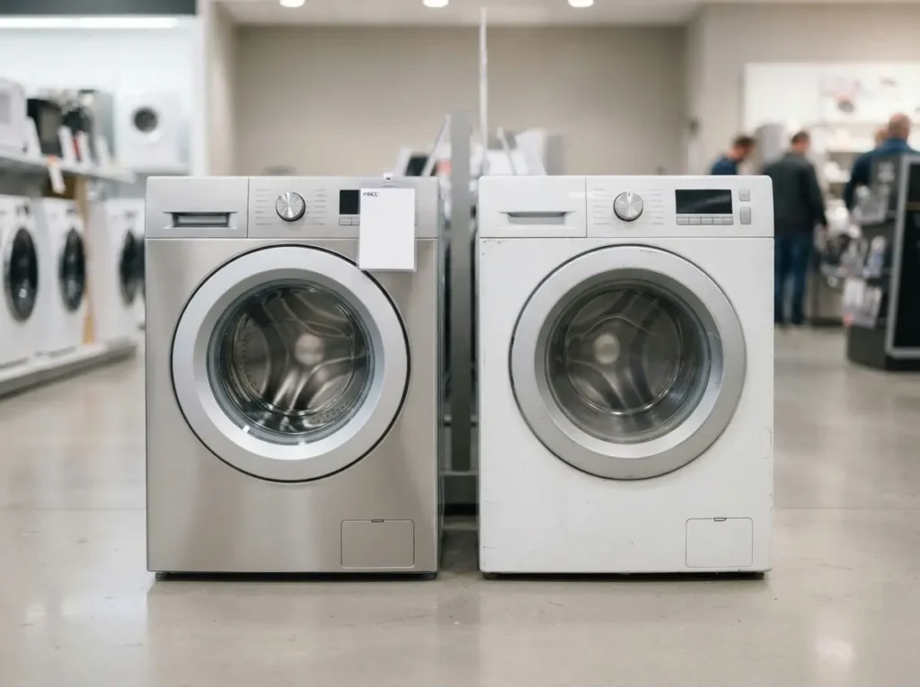 Two front load washing machines side by side, one older and one brand new