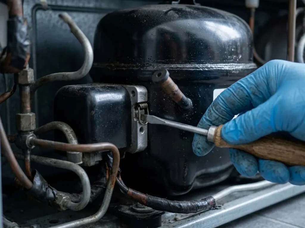 Removing the bale wire clip holding an old start relay onto the compressor
