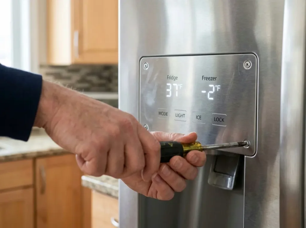 Removing screws from a refrigerator control panel cover to fix the Maytag refrigerator power cold button