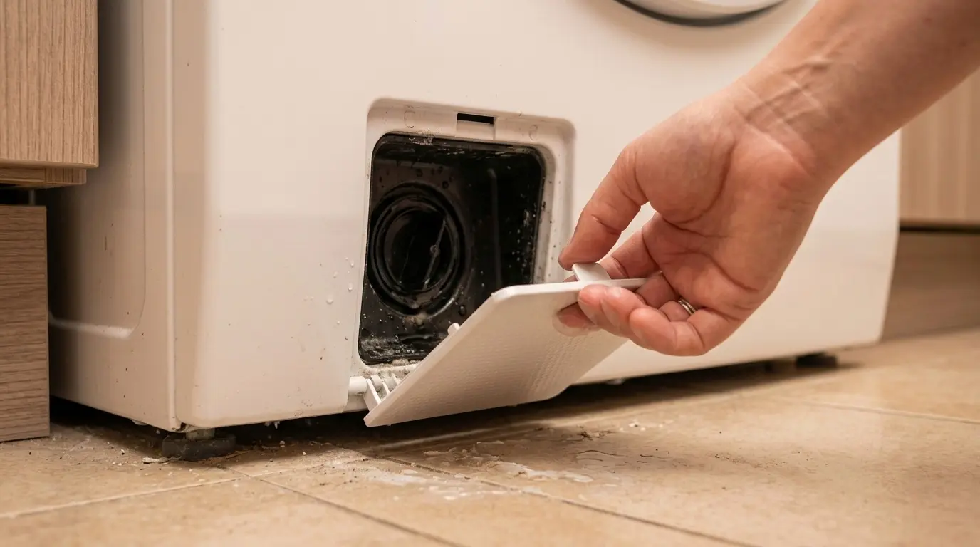 Opening a drain pump filter access panel on a front load washer