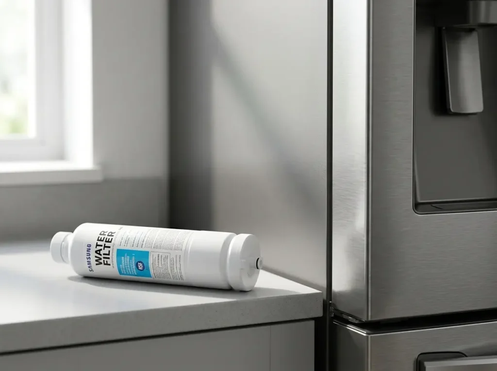 Close-up of a genuine-style Samsung refrigerator water filter cartridge on a kitchen counter
