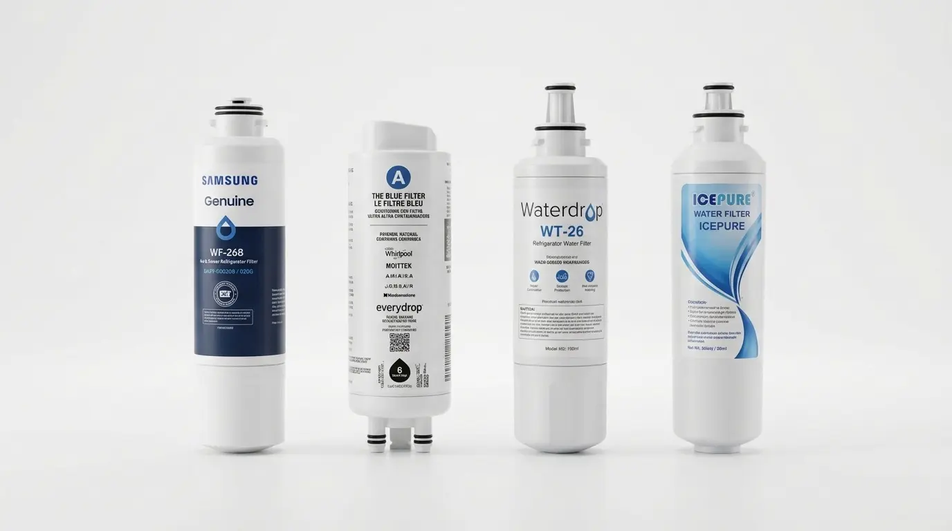 Genuine Samsung, EveryDrop, Waterdrop, and ICEPURE refrigerator water filter cartridges lined up for comparison