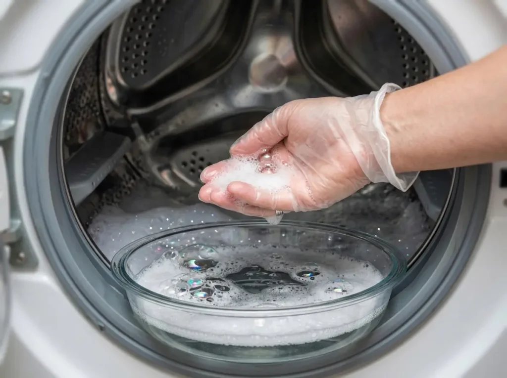 Scooping sudsy water out of a washer drum