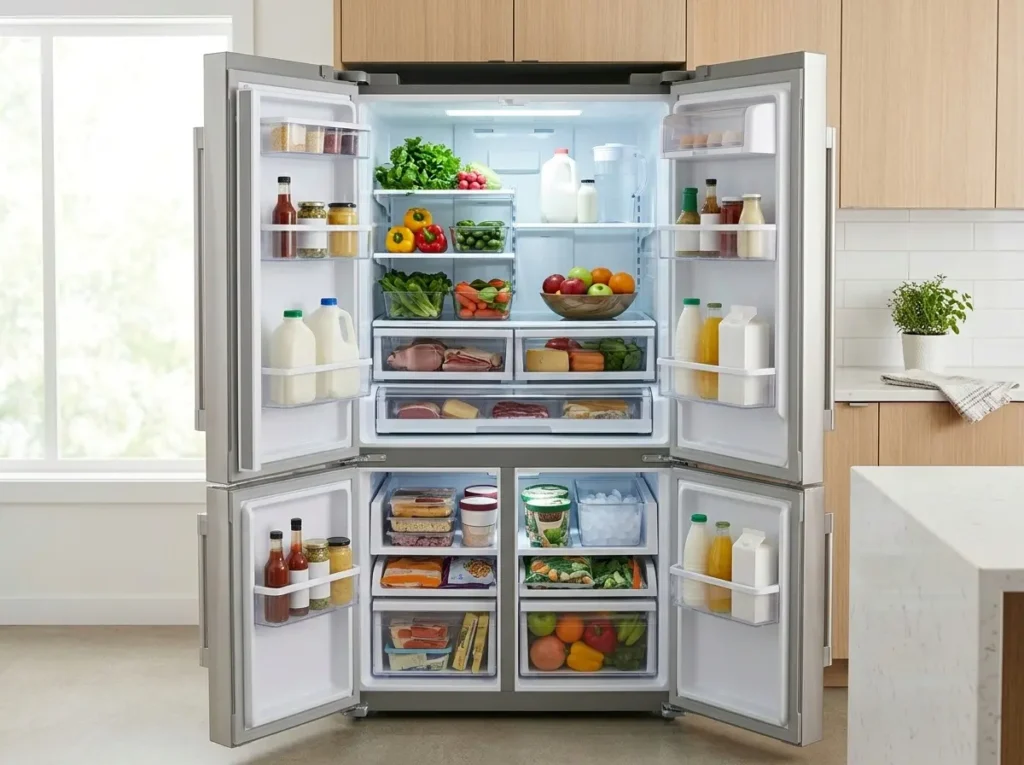 Ge Side-by-side refrigerator with both doors open showing clearance. GE Side-by-Side vs. French Door Refrigerator