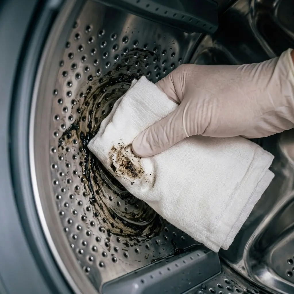 Smear test used to identify a washer drum stain type. lg washer leaves black marks