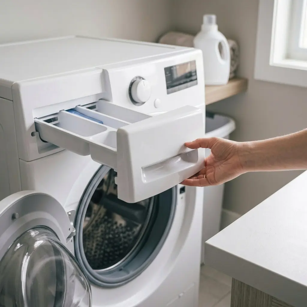 Detergent drawer soaking in hot water for cleaning