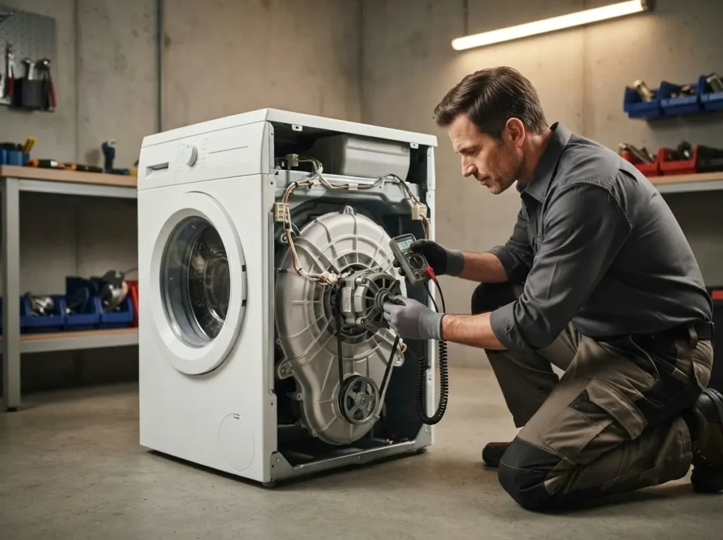 Technician diagnosing a washing machine motor issue during a repair visit