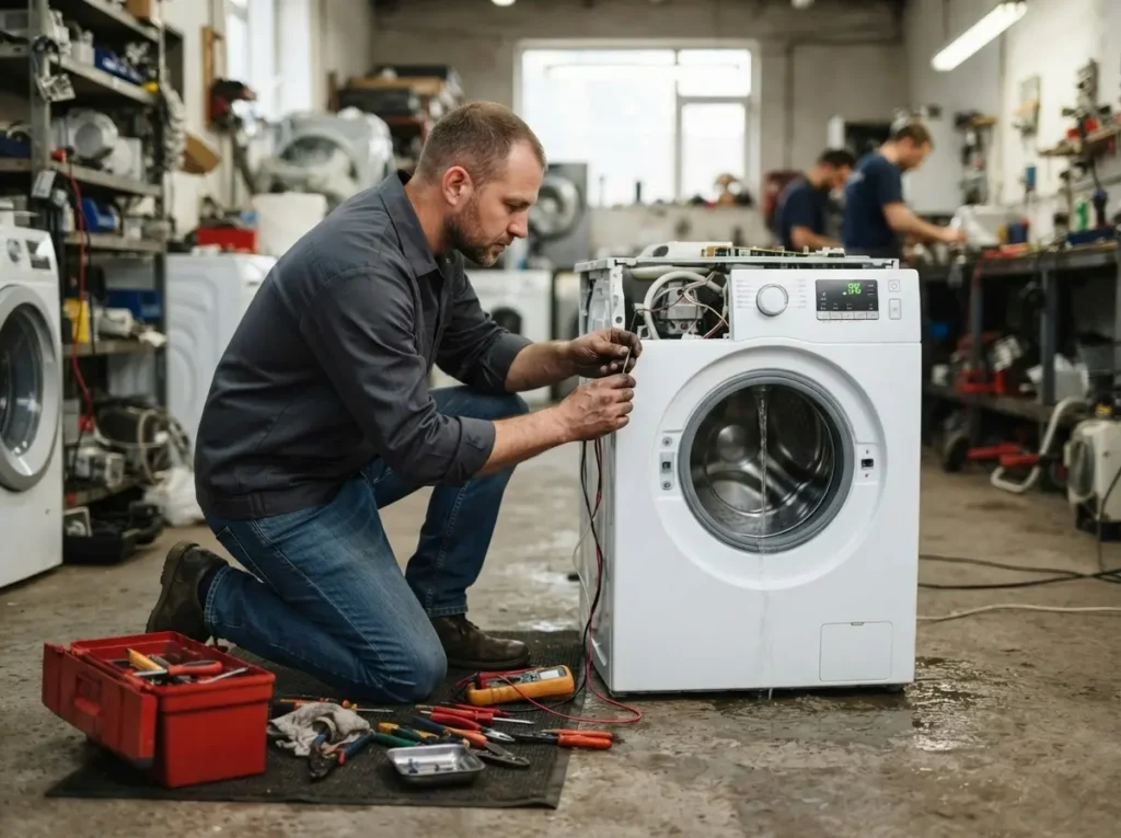 Technician testing a washing machine cycle in a repair and refurbishment shop
