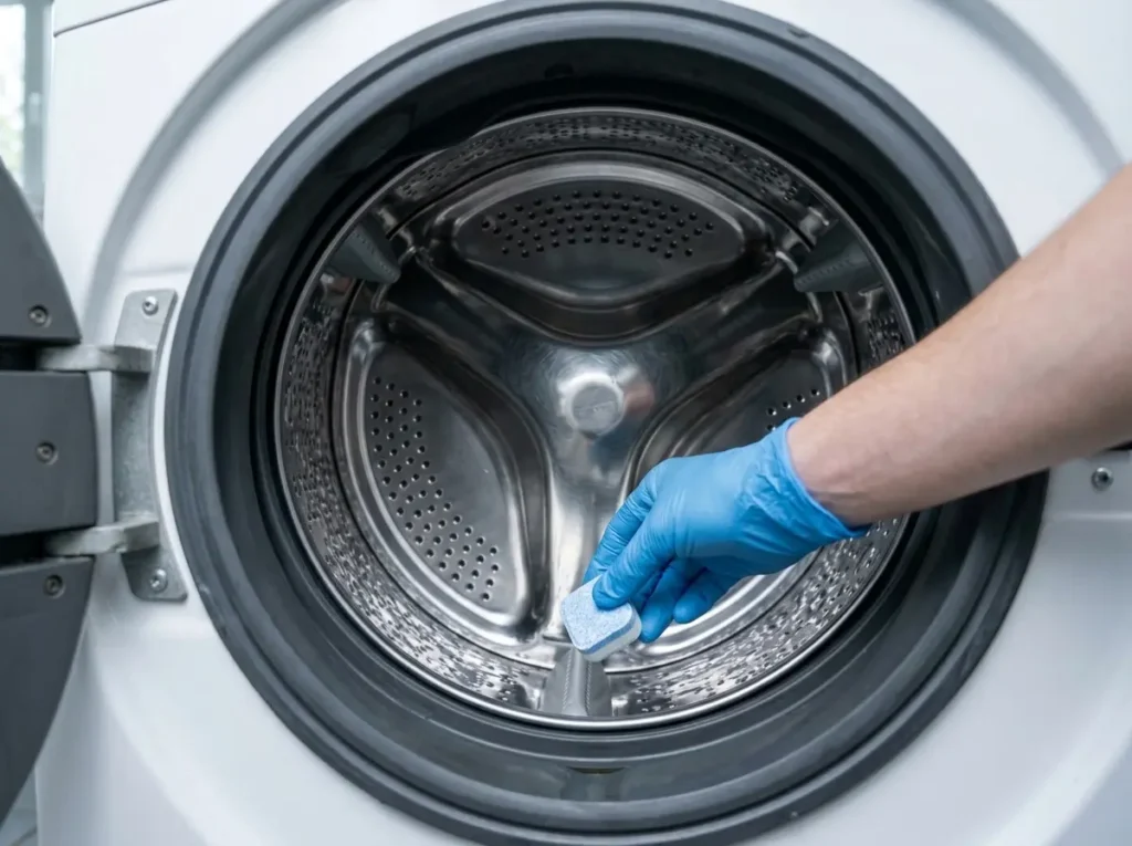 A washing machine cleaning tablet placed in an empty drum to remove the Kenmore Washer Suds Error