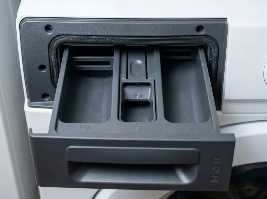Detergent dispenser drawer pulled out of a washer