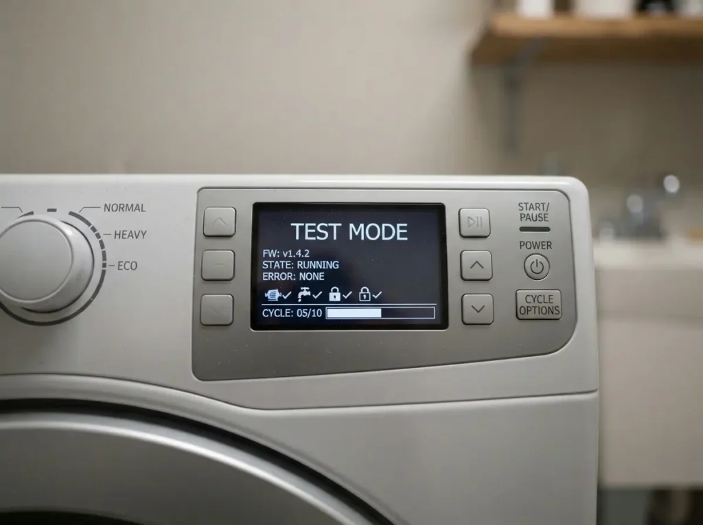 Washing machine display showing a test mode indicator