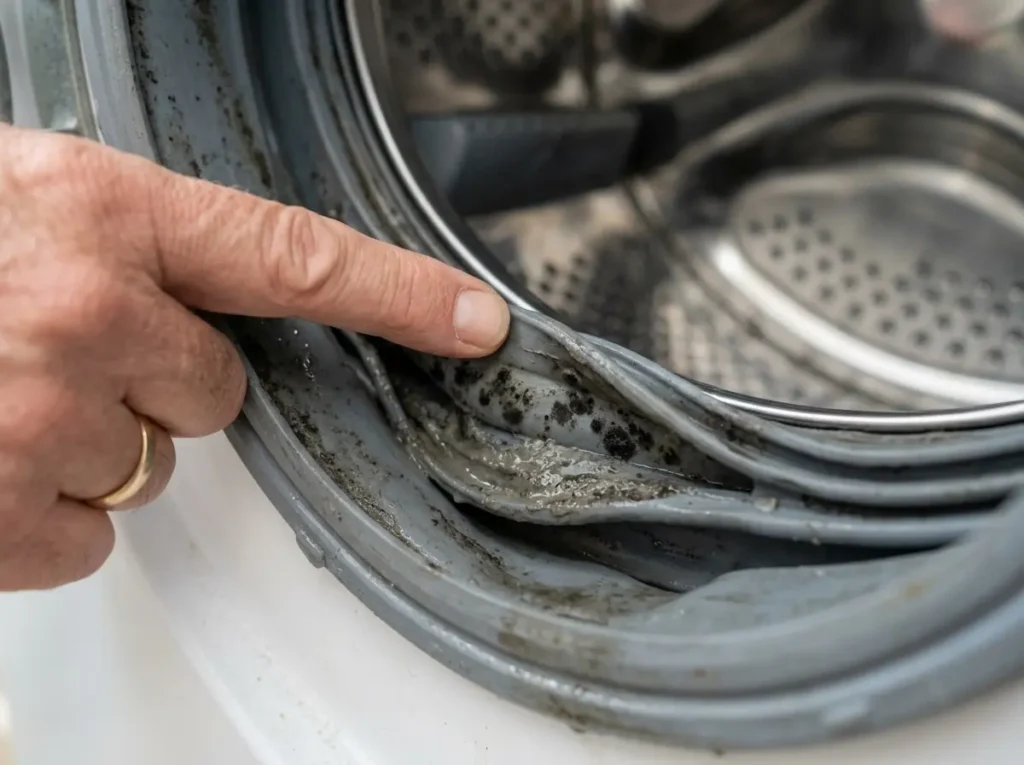 Close-up of black mold and grey biofilm slime inside a washing machine rubber door gasket fold