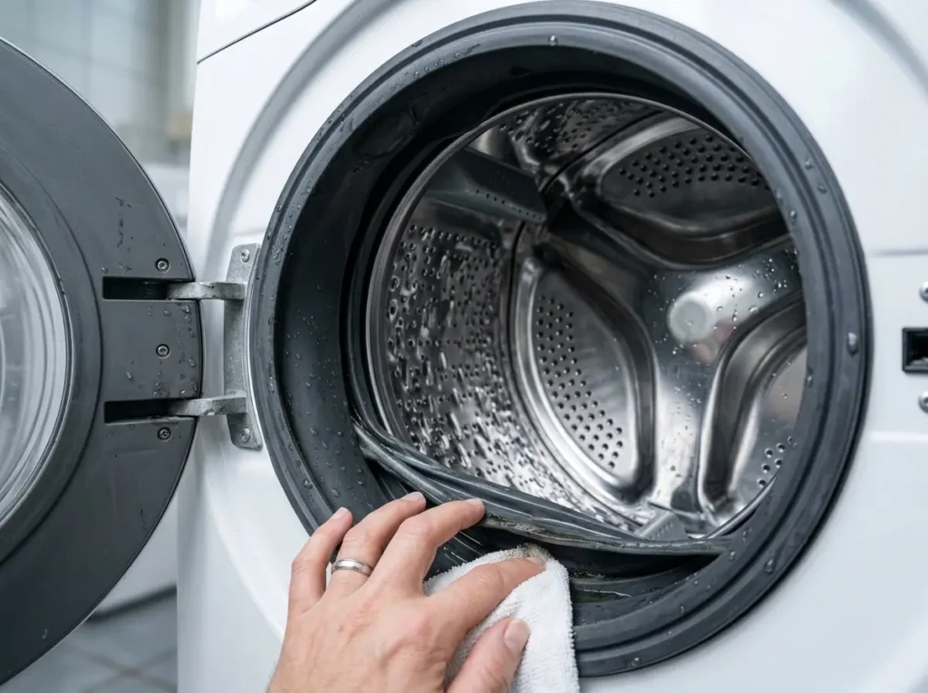 Folding back a washer door gasket to clean underneath