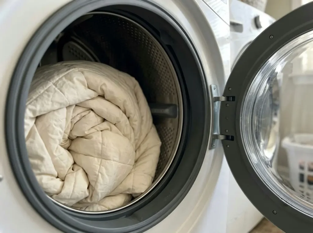 Bulky comforter bunched unevenly on one side of a washer drum