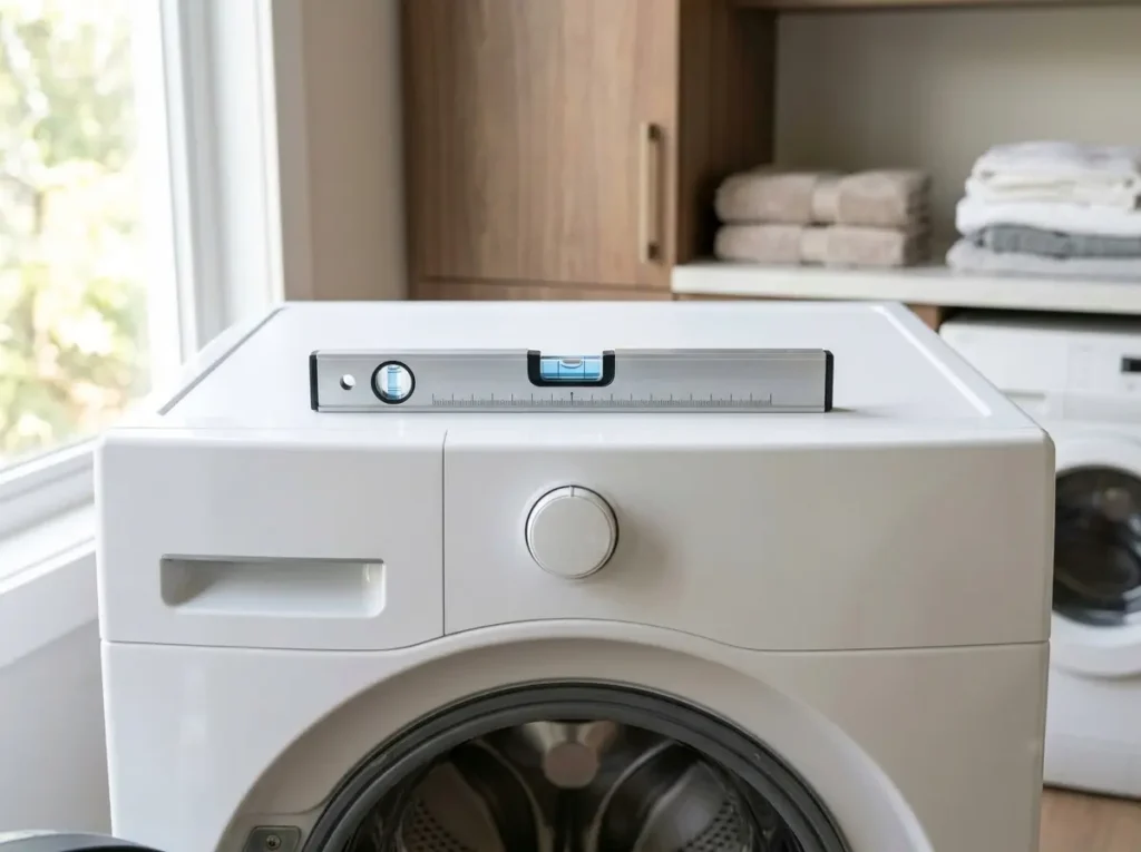 Bubble level tool placed on top of a Samsung front-load washer