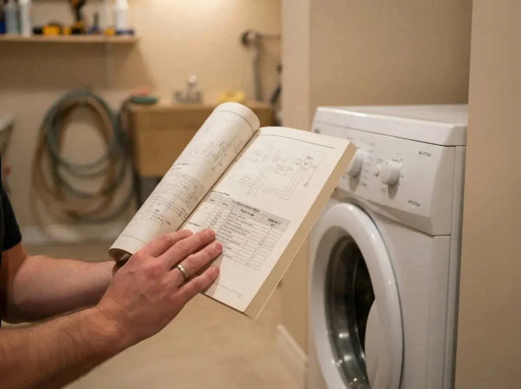 GE washer diagnostics mode Technician holding a printed washer service manual