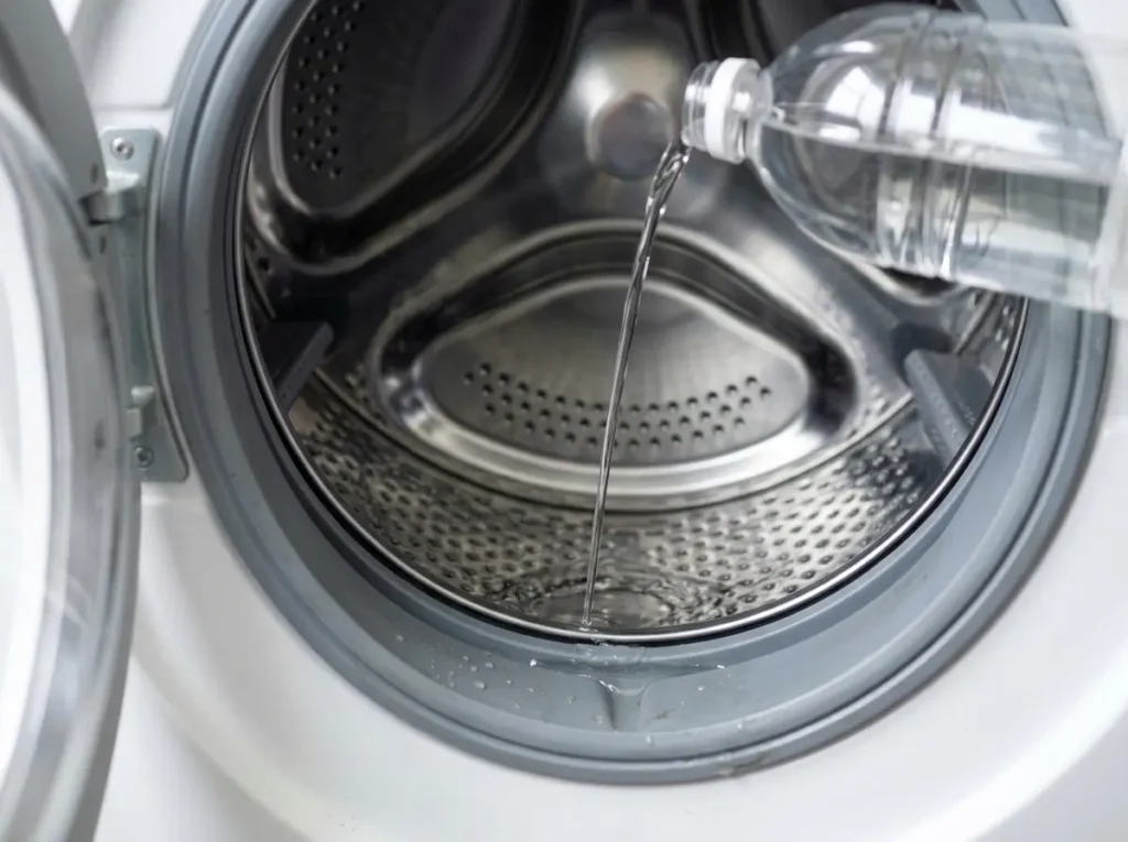 Pouring white vinegar into a washing machine drum during the vinegar flush step
