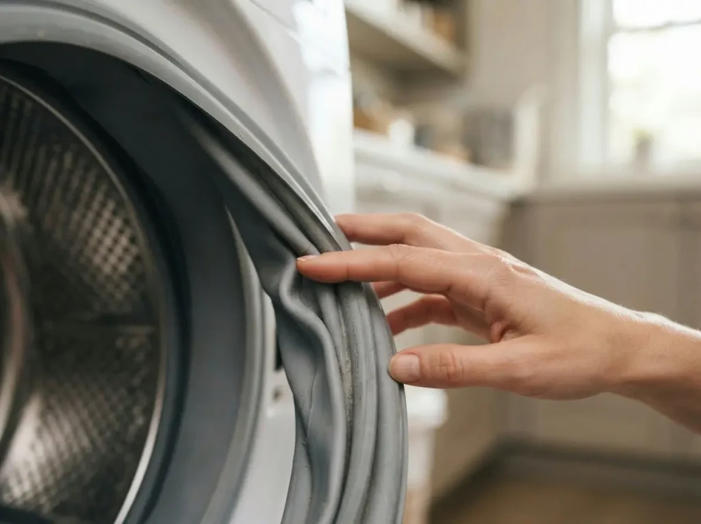 Close-up of a hand inspecting a washing machine door gasket and drum interior