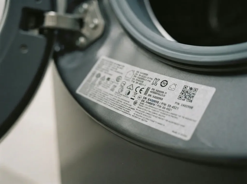 Close-up of a washing machine's model and serial number label inside the door frame