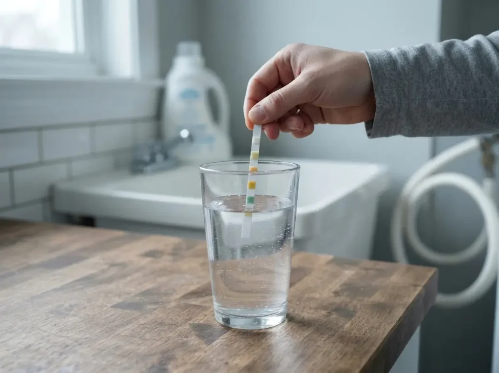 Water test strip dipped into a glass of tap water