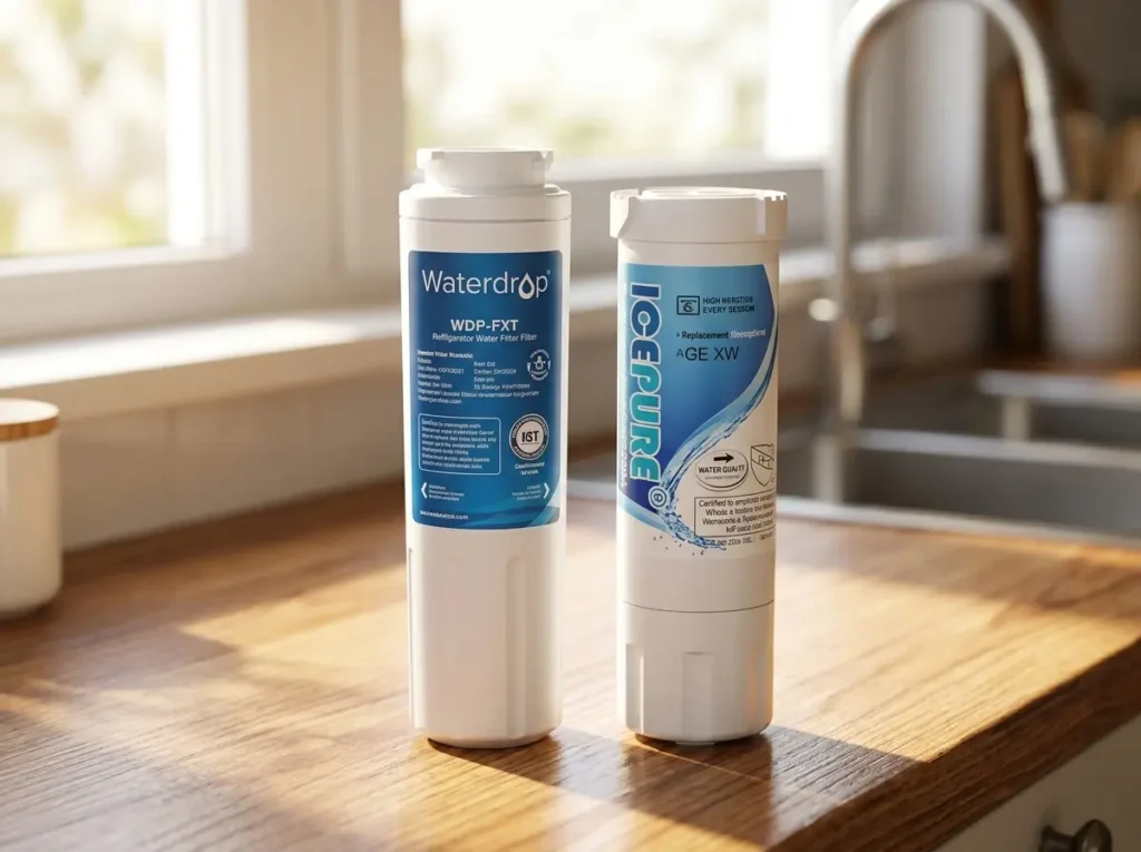 Two budget third-party refrigerator water filter cartridges placed side by side on a countertop