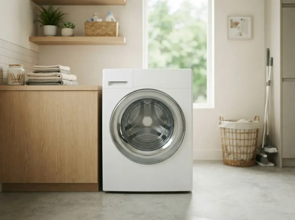 Well-maintained front load washing machine in a clean home laundry room after years of use