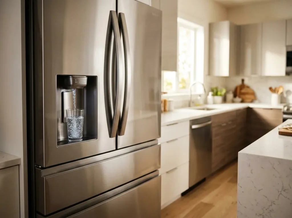 A modern kitchen with a stainless steel refrigerator dispensing filtered water into a glass