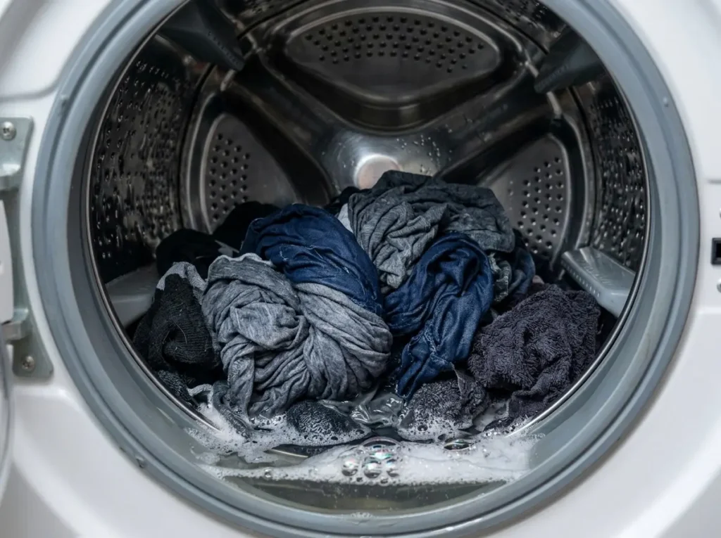 Wet laundry inside a washer drum after incomplete spin