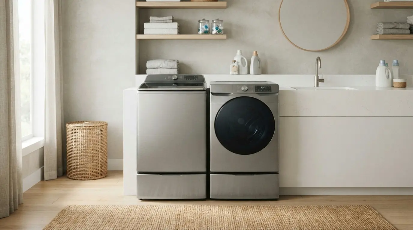 Top load and front load washing machine side by side