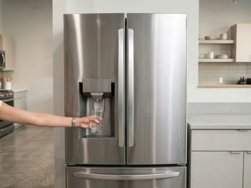 Stainless steel french door refrigerator with dispenser