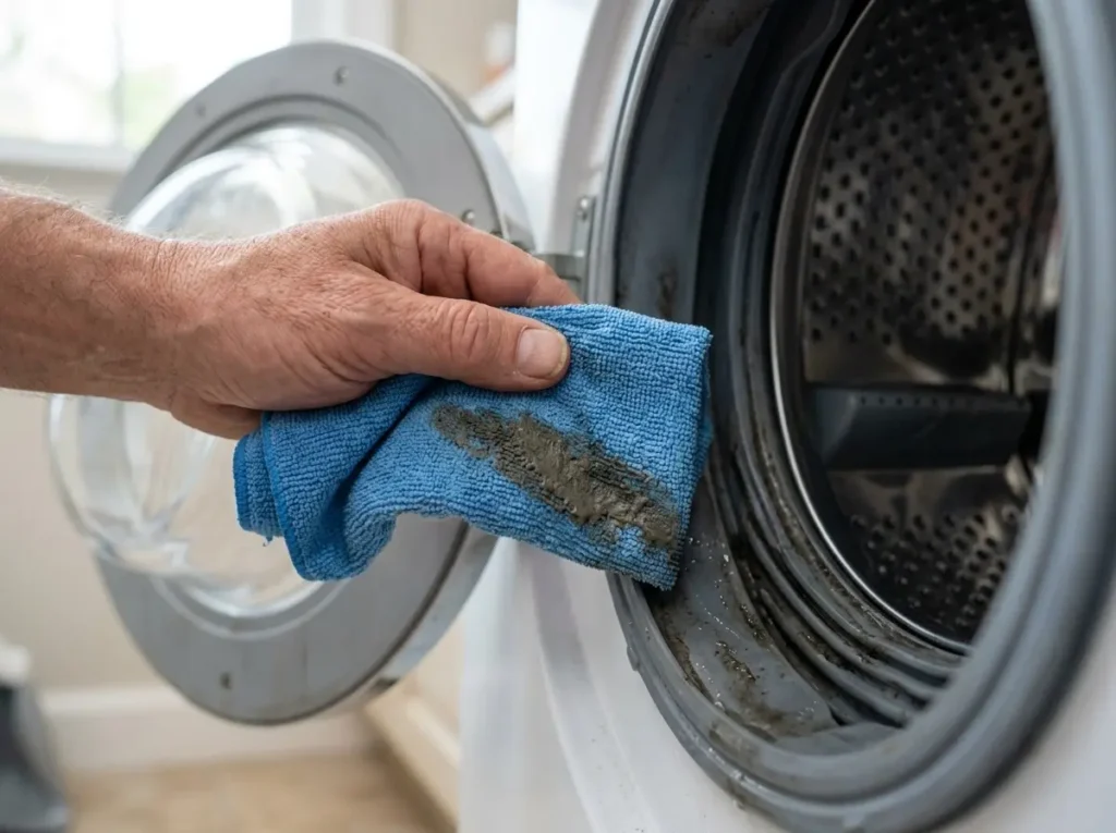Hand wiping grey sludge from inside a washing machine gasket fold with a microfiber cloth after a cleaning cycle