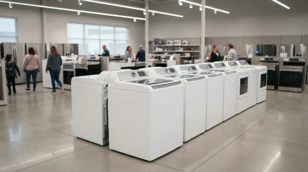Row of top-load washers on an appliance dealer showroom floor