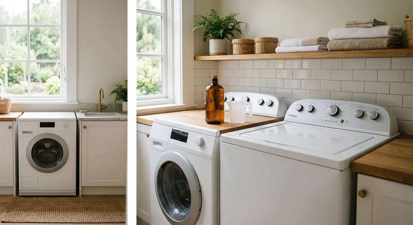 Front-load and top-load washers in a bright laundry room with a detergent bottle on a shelf.
