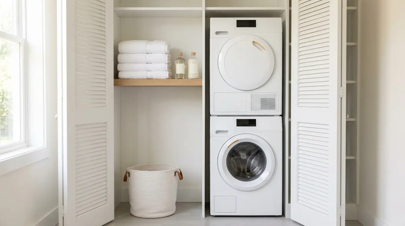Compact front-load washer and dryer stacked in a bright laundry closet for the Bosch 800 Series WAW285H2UC review