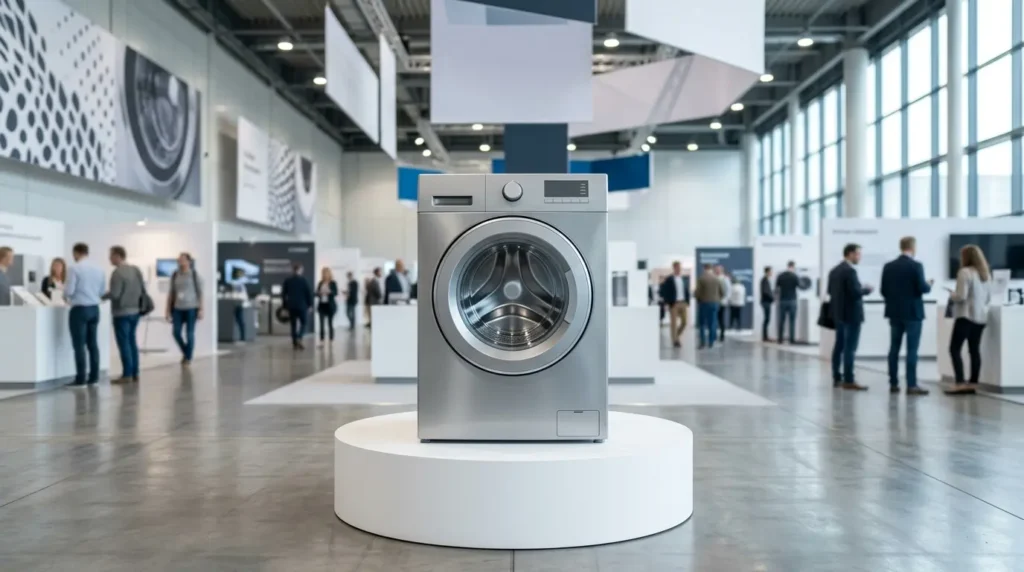 Front-load washer-dryer on a display pedestal at a European appliance trade show. Bosch Series 8 Heat Pump Washer-Dryer