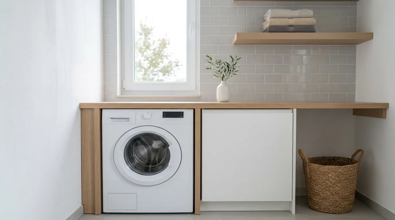 Front-load washer-dryer combo in a bright modern laundry room, illustrating the Bosch Series 8 Heat-Pump Washer-Dryer