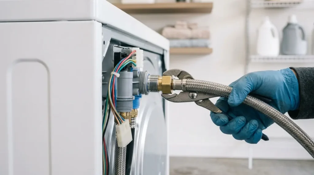 Braided stainless steel water hose being tightened at the back of a washing machine