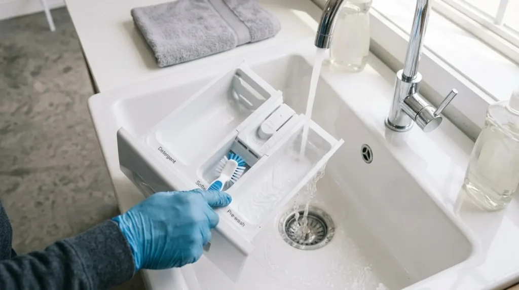 Removed washer detergent drawer being scrubbed with a small brush under warm running water