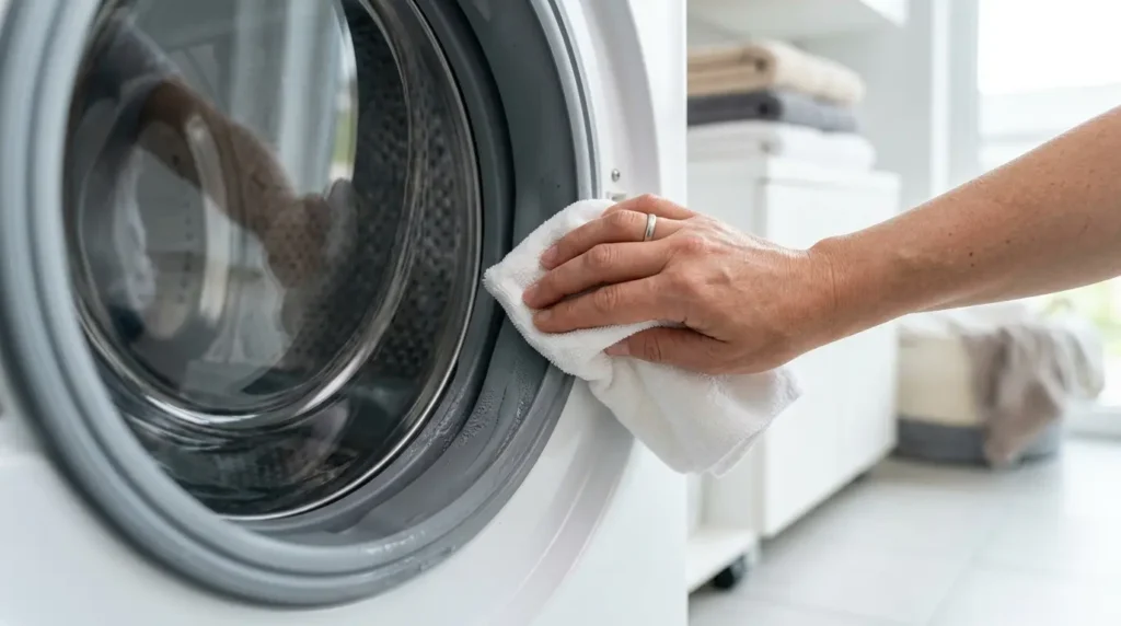 Hand wiping the rubber door seal of a front-load washer