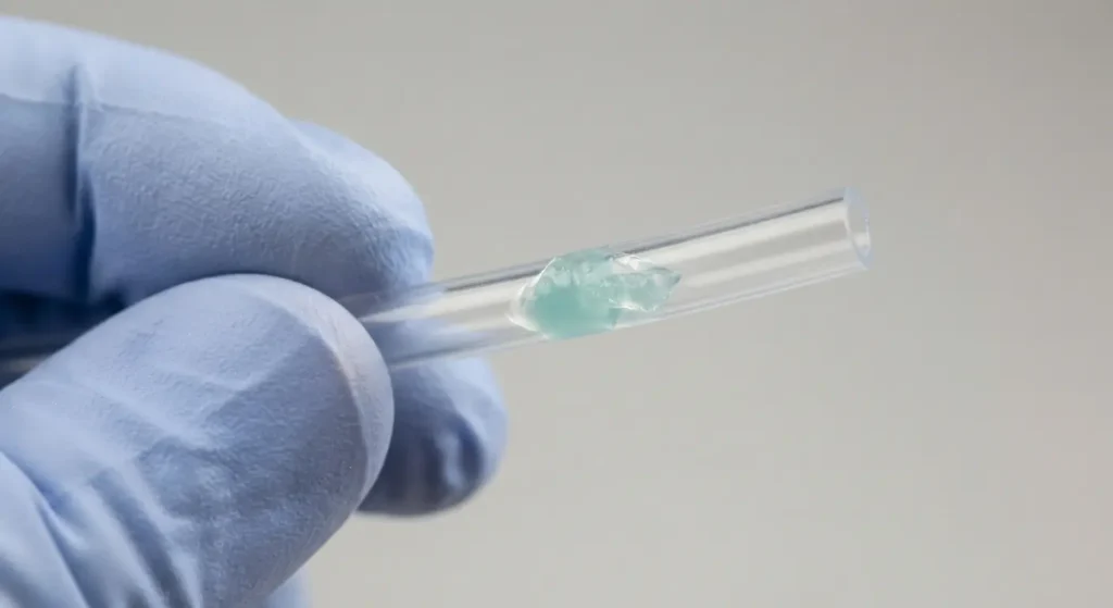 Gloved fingers holding a washer air tube with detergent residue blocking the inside