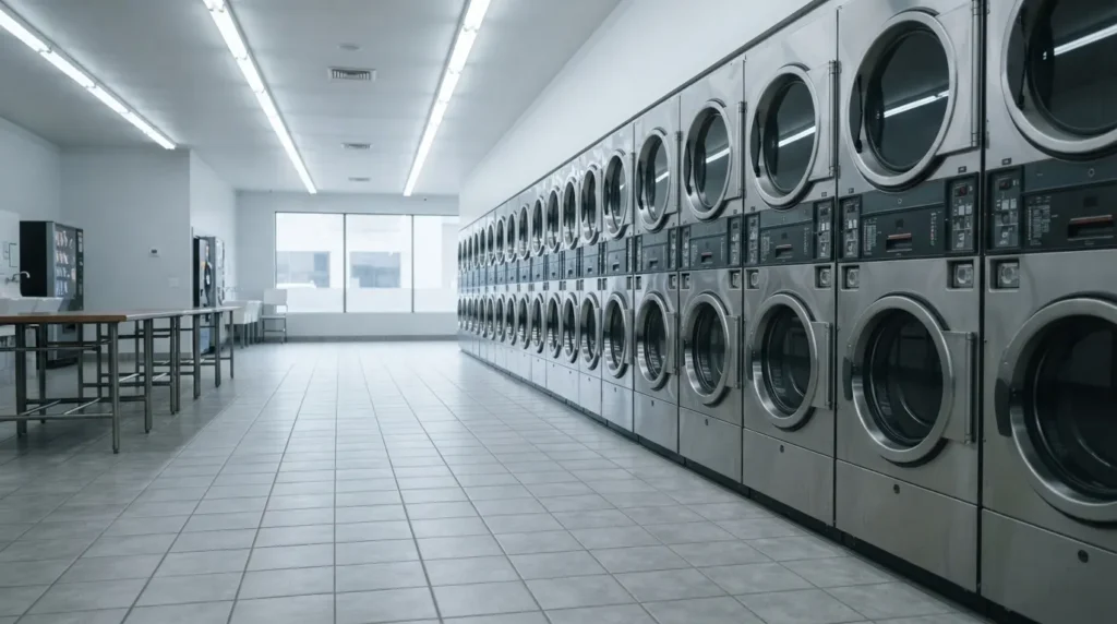 Row of heavy-duty machines in a commercial laundromat
