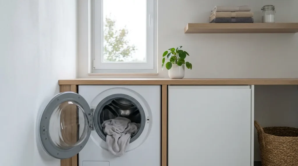 Under-counter washer-dryer in a compact apartment laundry nook