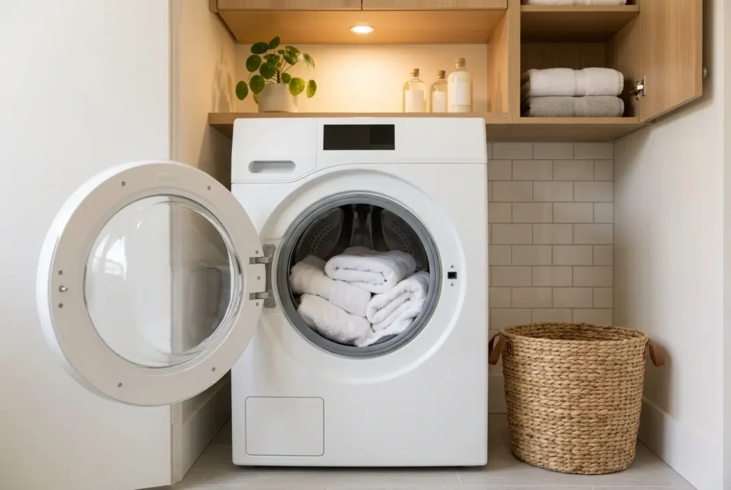 Open compact front-load washer with a stainless steel drum holding towels beside a laundry basket