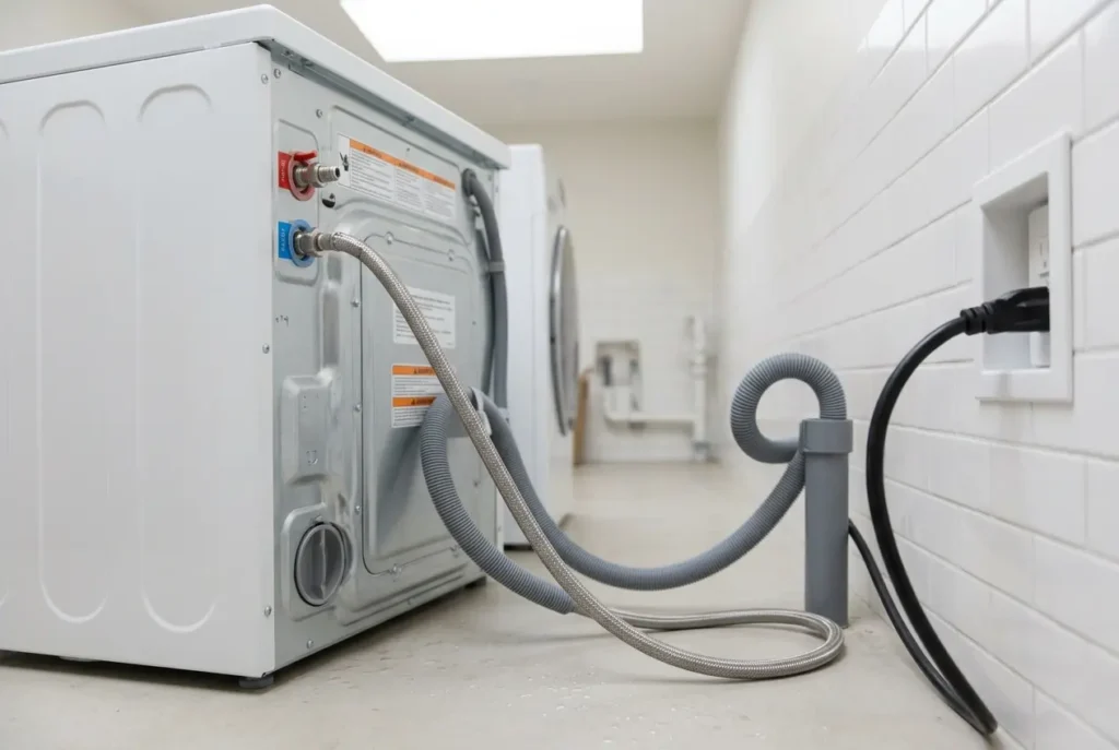Rear view of a compact washer showing water hoses, drain hose and power cord connections before installation