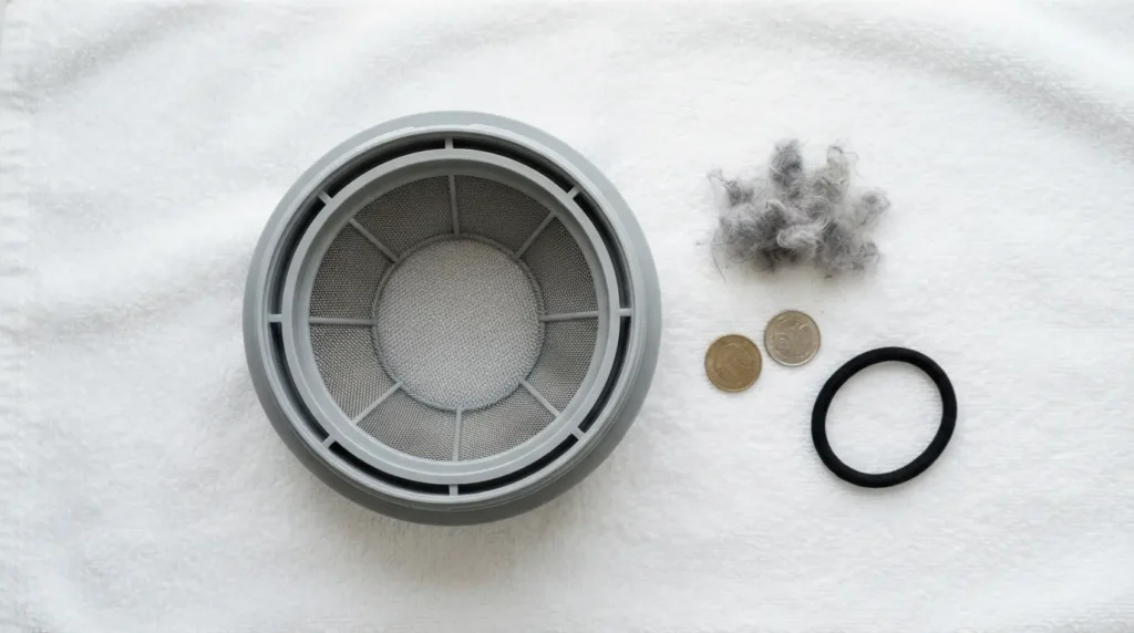 Removed washer drain pump filter on a towel next to a pile of lint, coins, and a hair tie