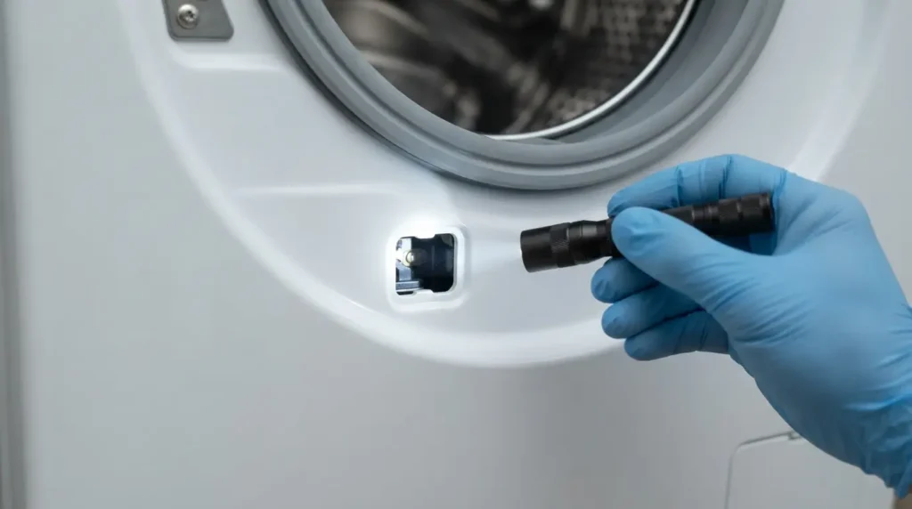 Flashlight beam shining into the door lock opening on the front of a washing machine