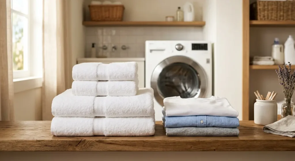 Stack of freshly folded laundry after a wash using optimized cycle and temperature settings
