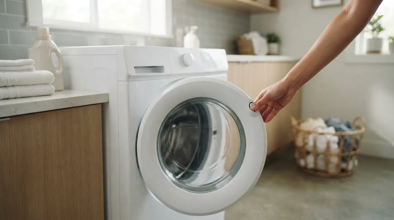 Hand pressing the closed door of a white front-load washer near the latch, checking a Frigidaire washer door lock error