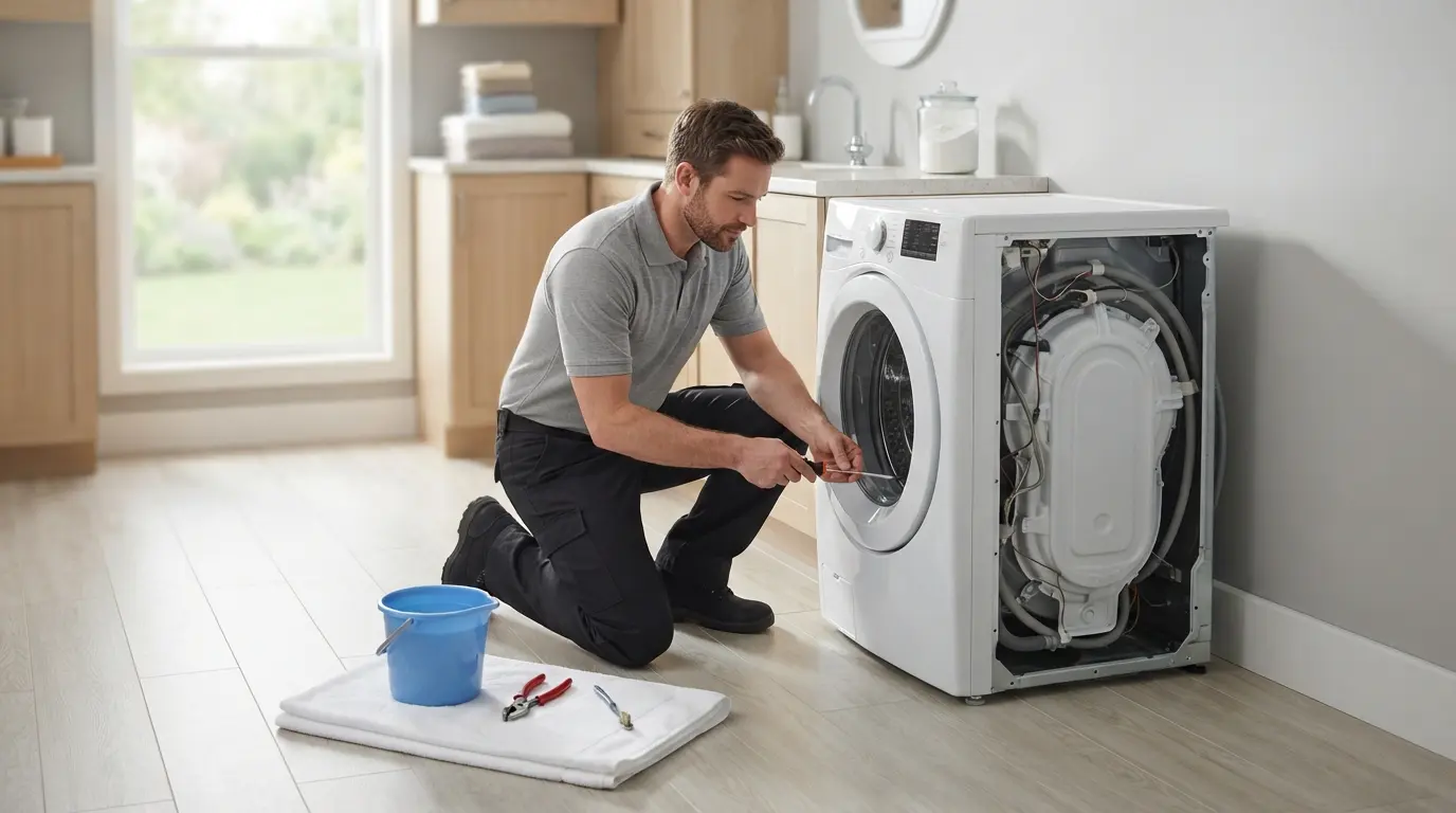 Technician kneeling beside a pulled-out white washer with a bucket and tools ready for a Frigidaire washer E10 fill error fix