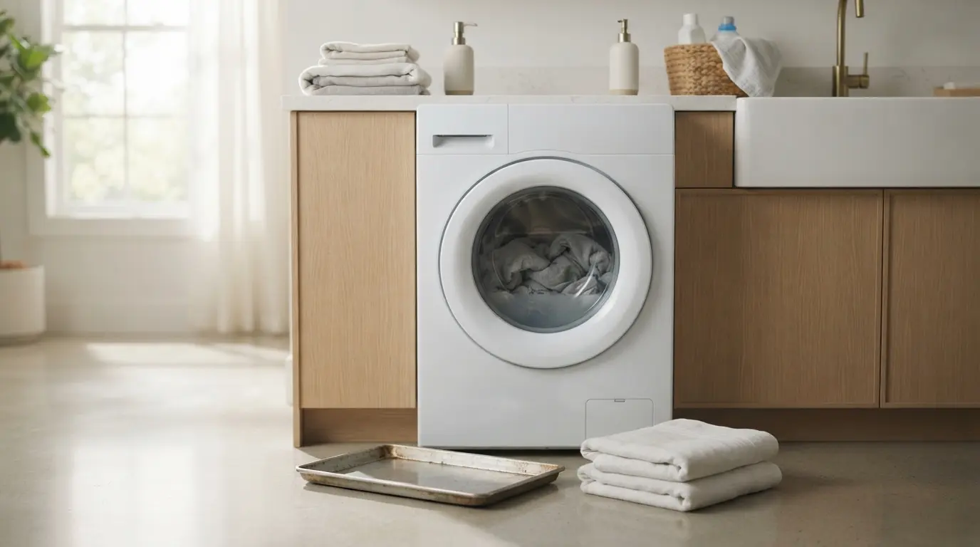 Front-load washer with gray water still in the drum and towels laid out below, showing a Frigidaire washer E20 drain error
